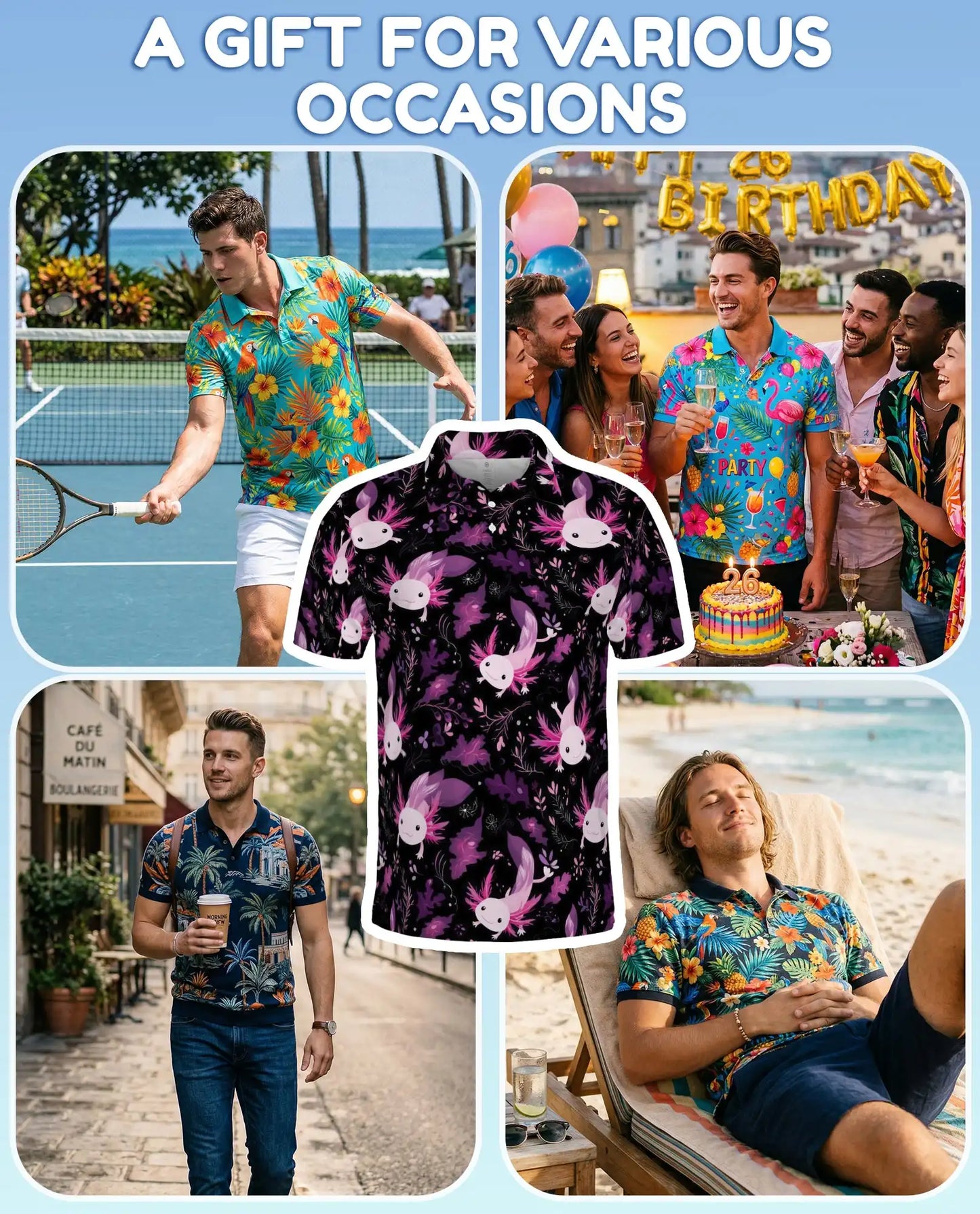 Purple Axolotl Polo Shirt for Men, Cute Aquatic Style | Azhawaiian