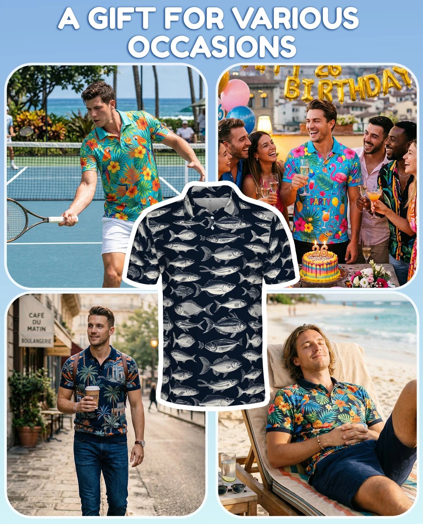 Fish Pattern Polo Shirt for Men, Coastal Ocean Style | Azhawaiian