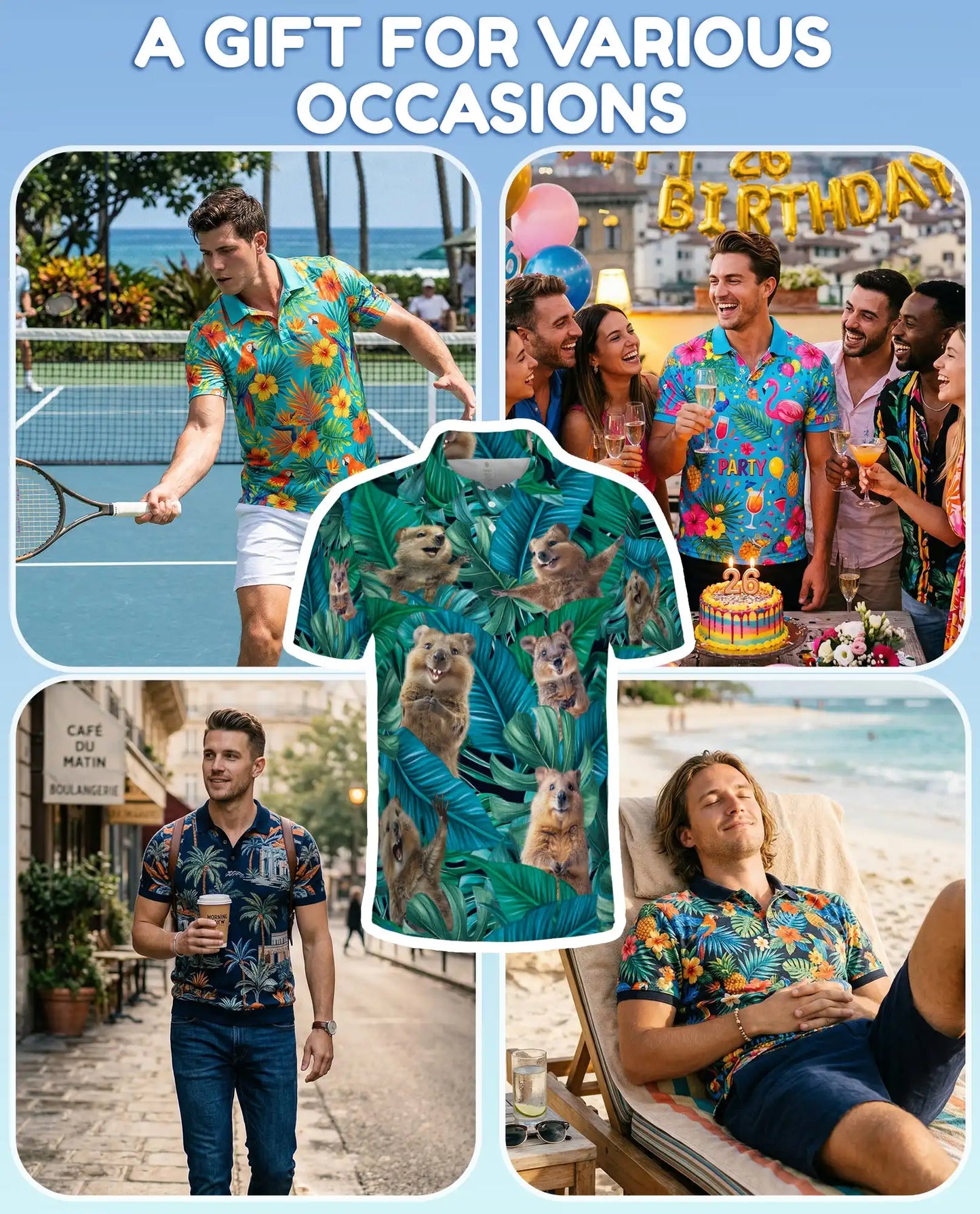 Quokka Tropical Jungle Polo Shirt for Men, Summer 3D Animal Print | Azhawaiian