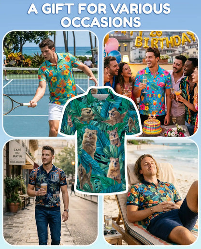 Quokka Tropical Jungle Polo Shirt for Men, Summer 3D Animal Print | Azhawaiian