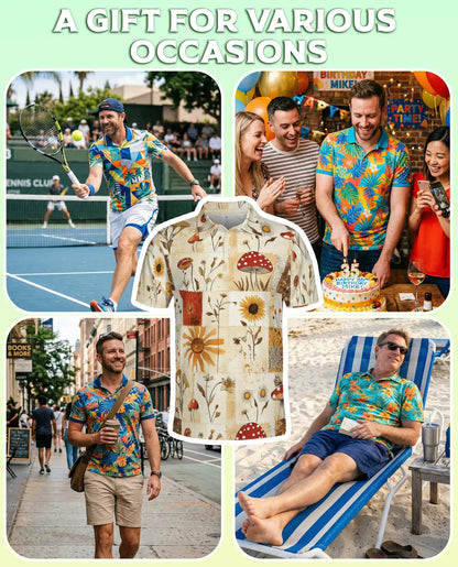 Vintage Mushroom Polo Shirt, Botanical Wildflower Print | Azhawaiian