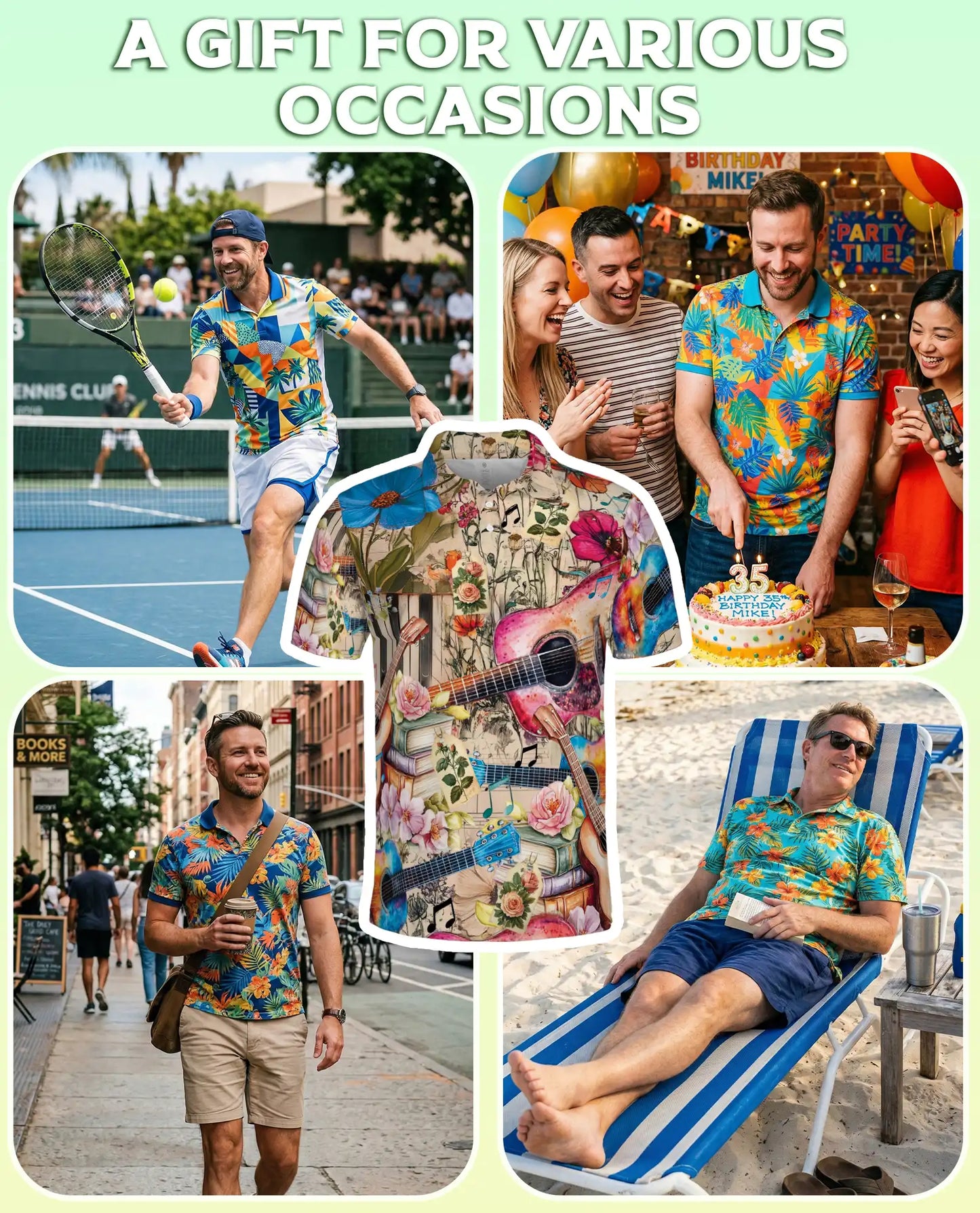 Acoustic Guitar Polo Shirt, Floral Music Art Print | Azhawaiian