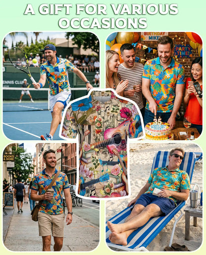 Acoustic Guitar Polo Shirt, Floral Music Art Print | Azhawaiian