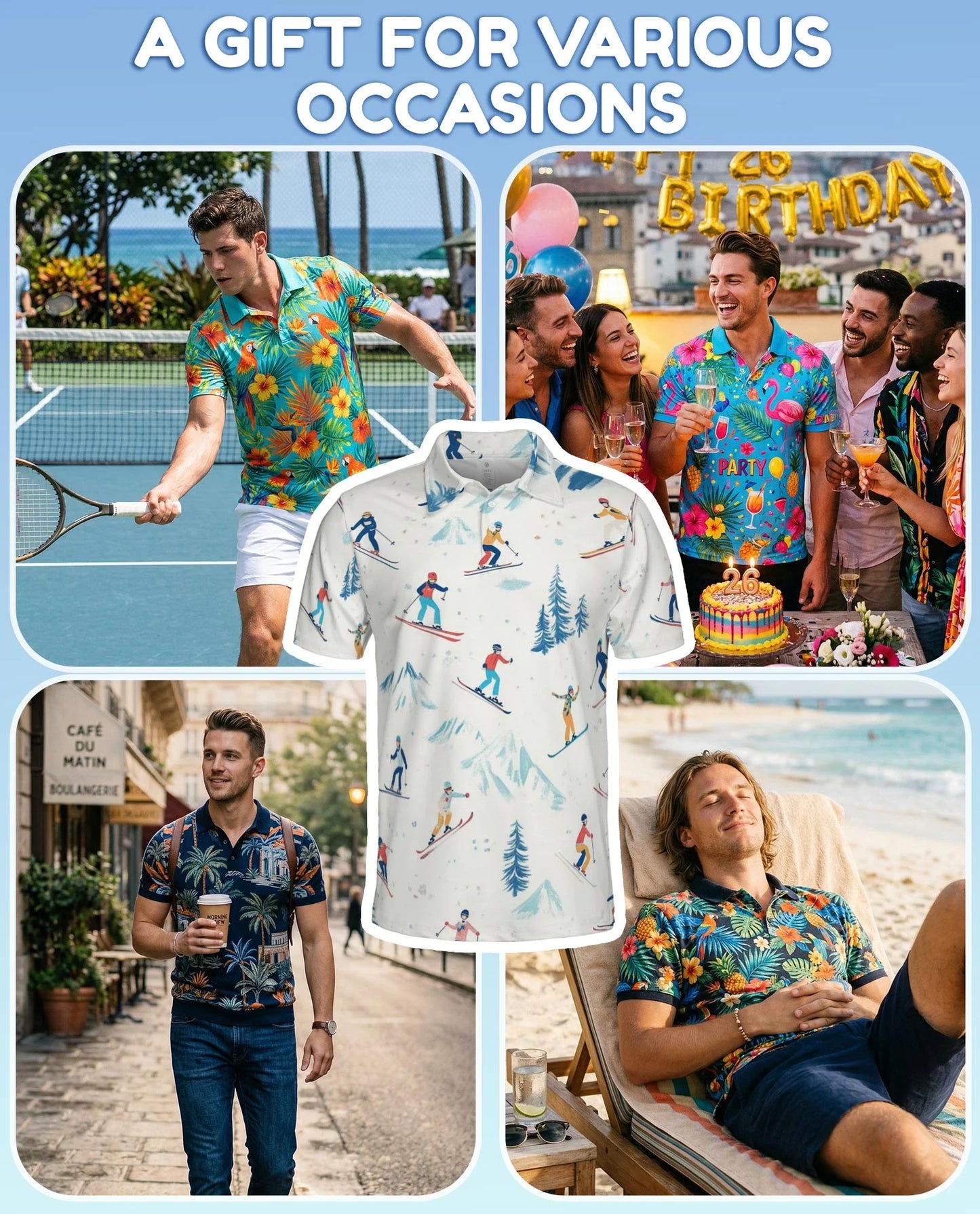 Ski Pattern Polo Shirt for Men, Winter Sports Style | Azhawaiian