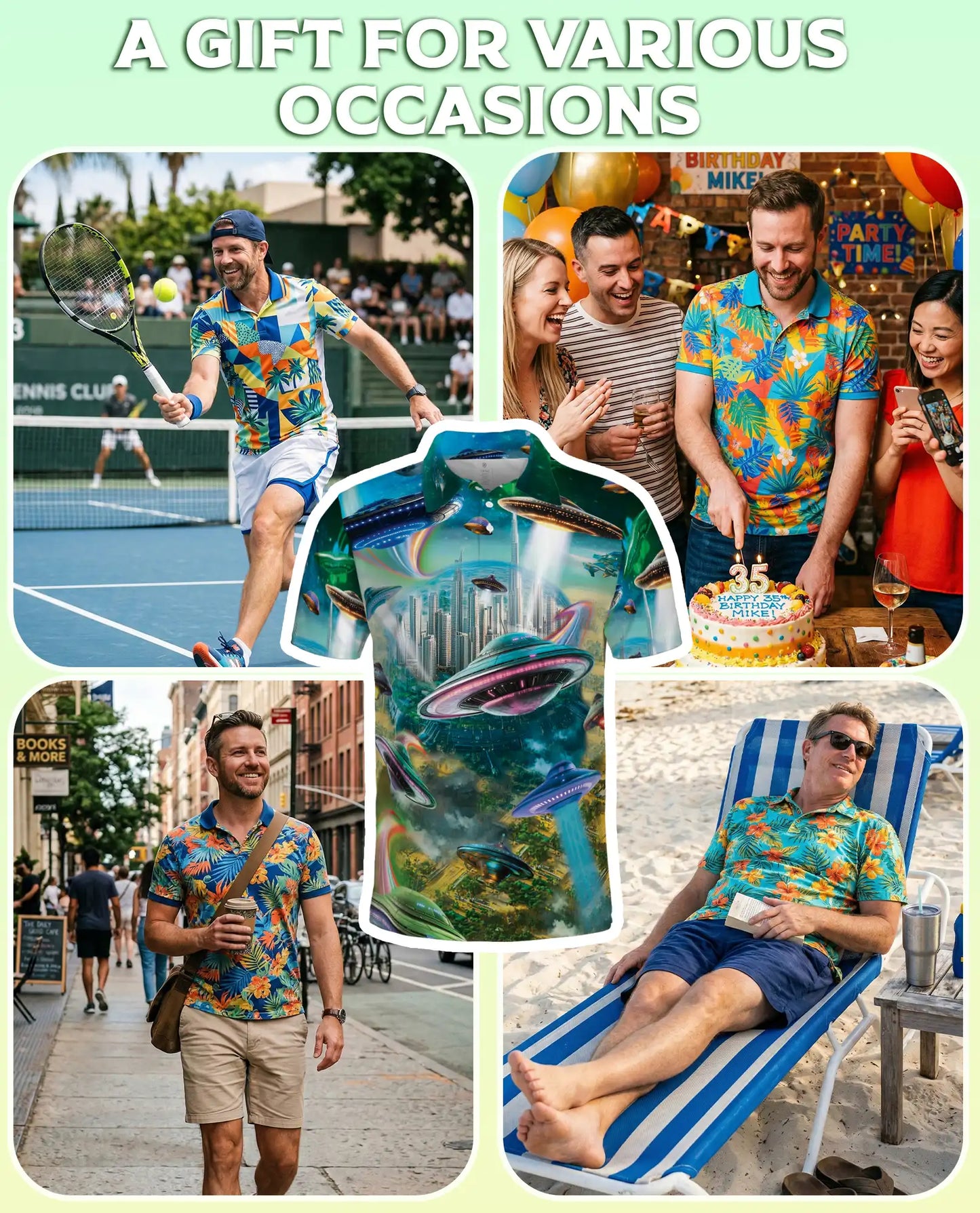 UFO Polo Shirt, Futuristic Sci-Fi City Print | Azhawaiian