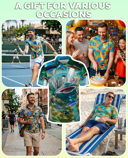 UFO Polo Shirt, Futuristic Sci-Fi City Print | Azhawaiian