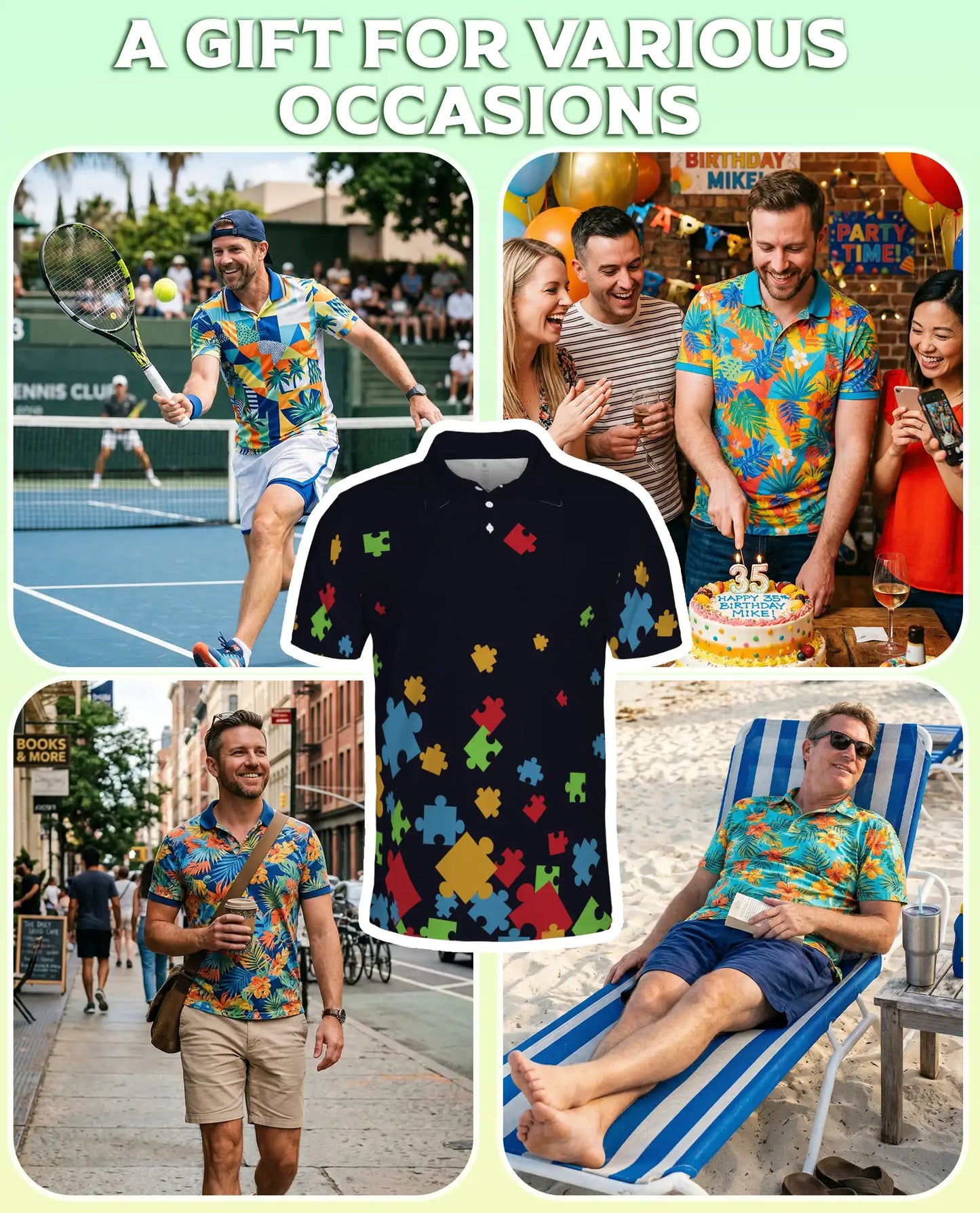 Puzzle Piece Polo Shirt, Colorful Abstract Print | Azhawaiian
