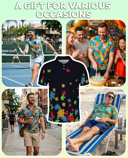 Puzzle Piece Polo Shirt, Colorful Abstract Print | Azhawaiian