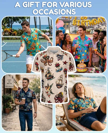 Pirate Tattoo Polo Shirt - Nautical Skull Octopus Sailor Design | Azhawaiian