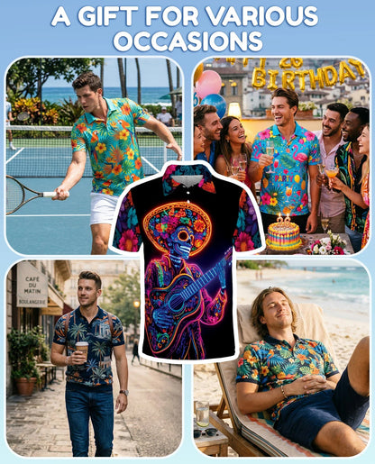 Day of the Dead Skeleton Guitar Polo Shirt for Men, Rock Skull Style | Azhawaiian