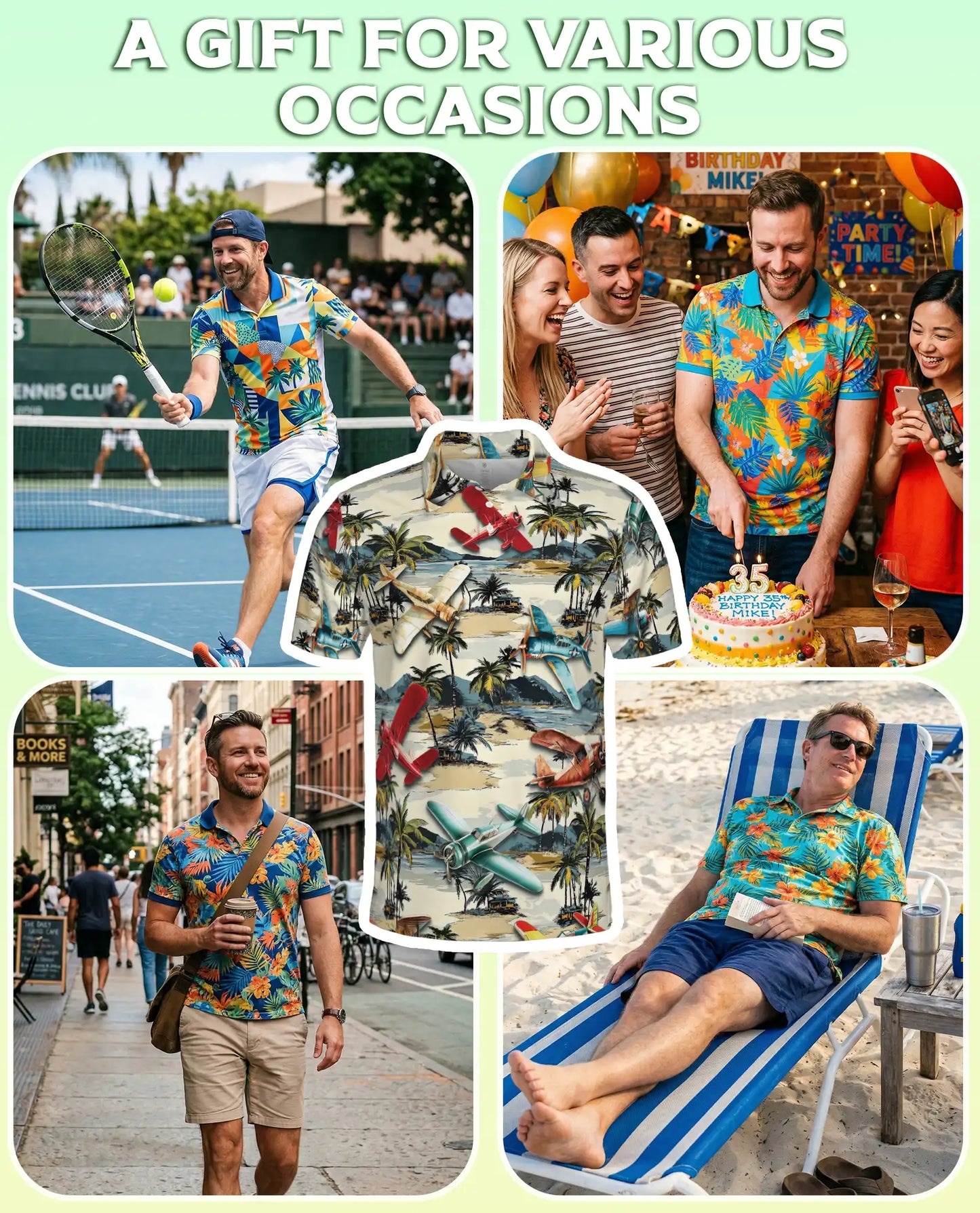 Vintage Airplane Retro 3D Polo Shirt for Men, Tropical Beach Island Style | Azhawaiian