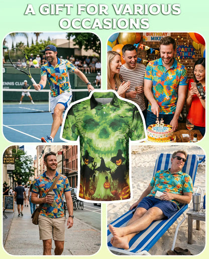 Halloween Skull Glow Polo Shirt, Spooky Pumpkin Night | Azhawaiian