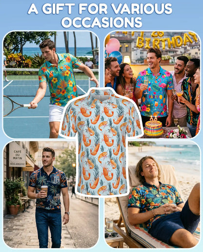 Tropical Shrimp Polo Shirt for Men - Coastal Seafood Hawaiian Summer | Azhawaiian