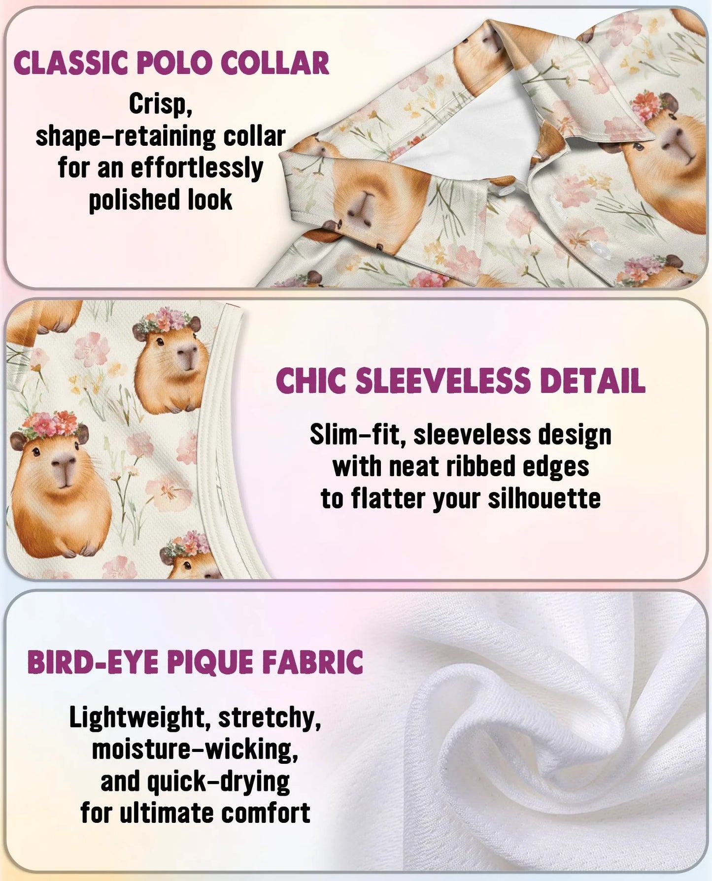 Capybara Flower Crown Sleeveless Polo Shirt for Women | Azhawaiian