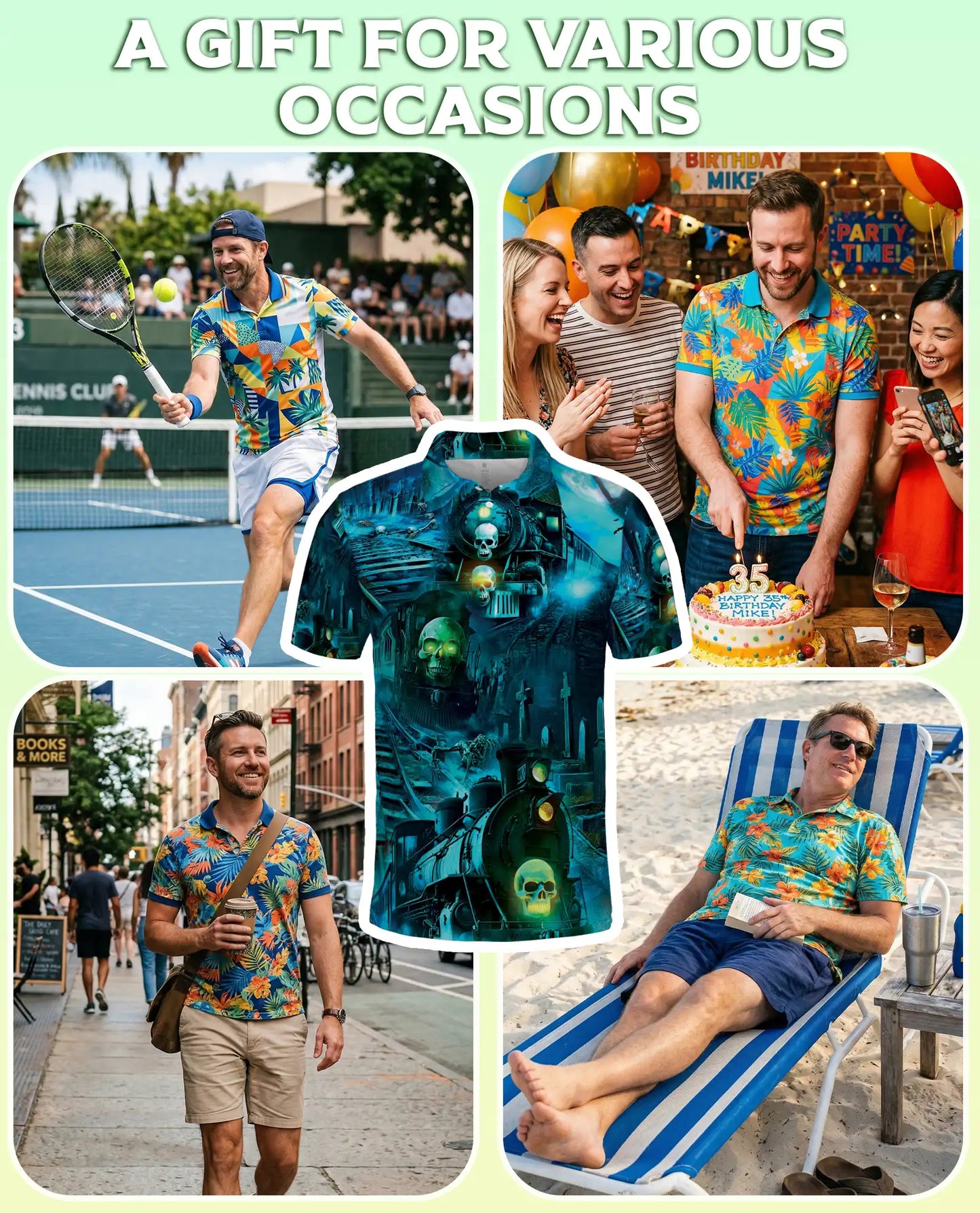 Haunted Ghost Train Skull Hawaiian Polo Shirt for Men-Gothic Horror Shirt | Azhawaiian