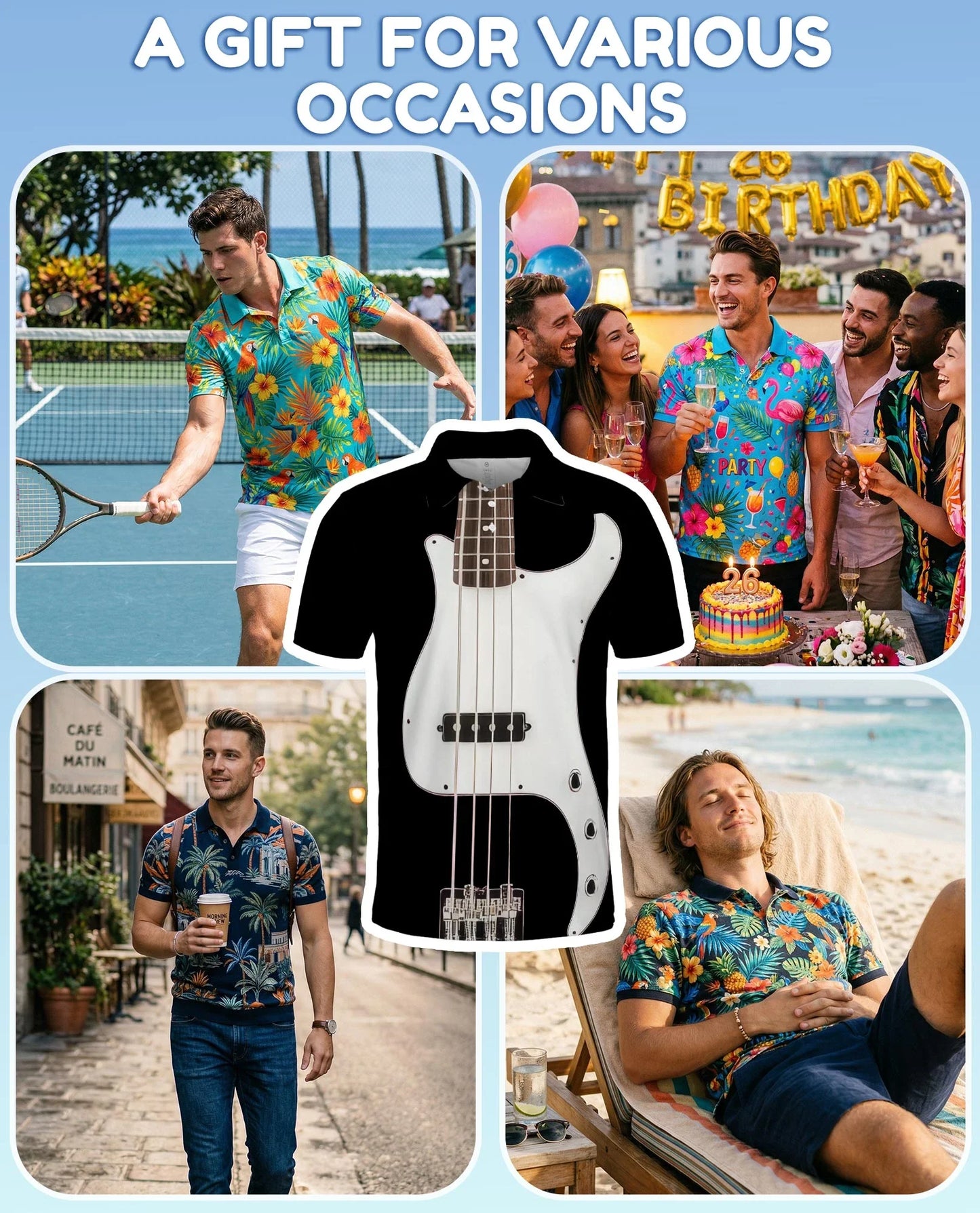 Bass Guitar Polo Shirt for Men, Rock Music Style Design | Azhawaiian