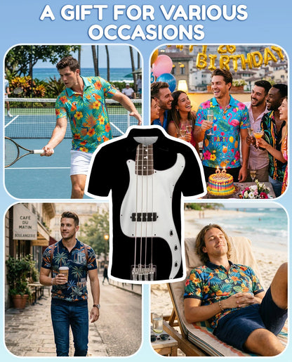Bass Guitar Polo Shirt for Men, Rock Music Style Design | Azhawaiian