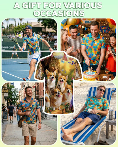 Cute Corgi Garden 3D Polo Shirt for Men, Fantasy Dog Nature Style | Azhawaiian