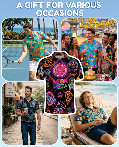 Neon Pizza Polo Shirt for Men, Colorful Food Lover Style | Azhawaiian