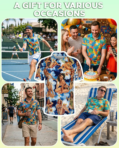 Pin Up Girl 3D Polo Shirt for Men, Vintage Floral Retro Style | Azhawaiian