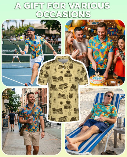Vintage Library 3D Polo Shirt for Men, Retro Book Lover Academic Style | Azhawaiian