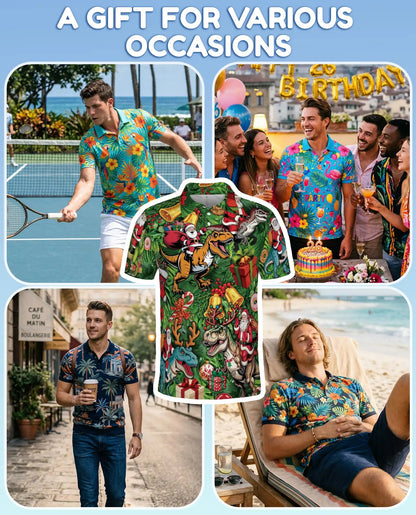 Christmas Dinosaur 3D Polo Shirt for Men, Funny Santa T Rex Holiday Style | Azhawaiian