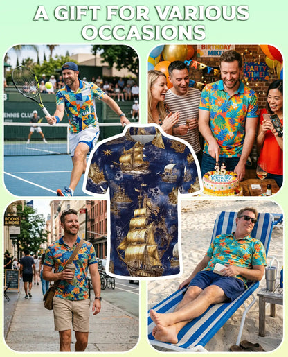 Vintage Pirate Ship 3D Polo Shirt for Men, Nautical Skull Ocean Style | Azhawaiian