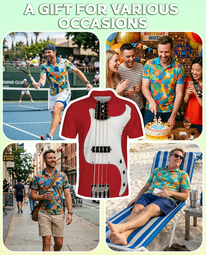 Red Bass Guitar 3D Polo Shirt for Men, Rock Music Instrument Style | Azhawaiian