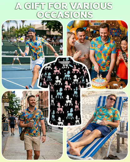Retro Poodle Polo Shirt for Men-Vintage Pink Blue Poodle Dog Pattern Shirt | Azhawaiian