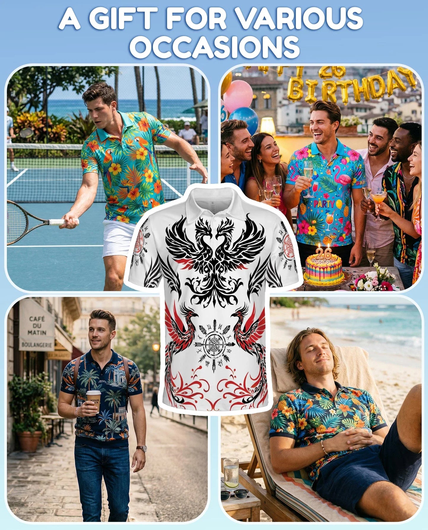 Symmetrical Phoenix Polo Shirt for Men, Mythical Fire Bird Style | Azhawaiian