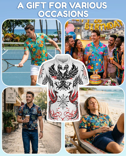 Symmetrical Phoenix Polo Shirt for Men, Mythical Fire Bird Style | Azhawaiian