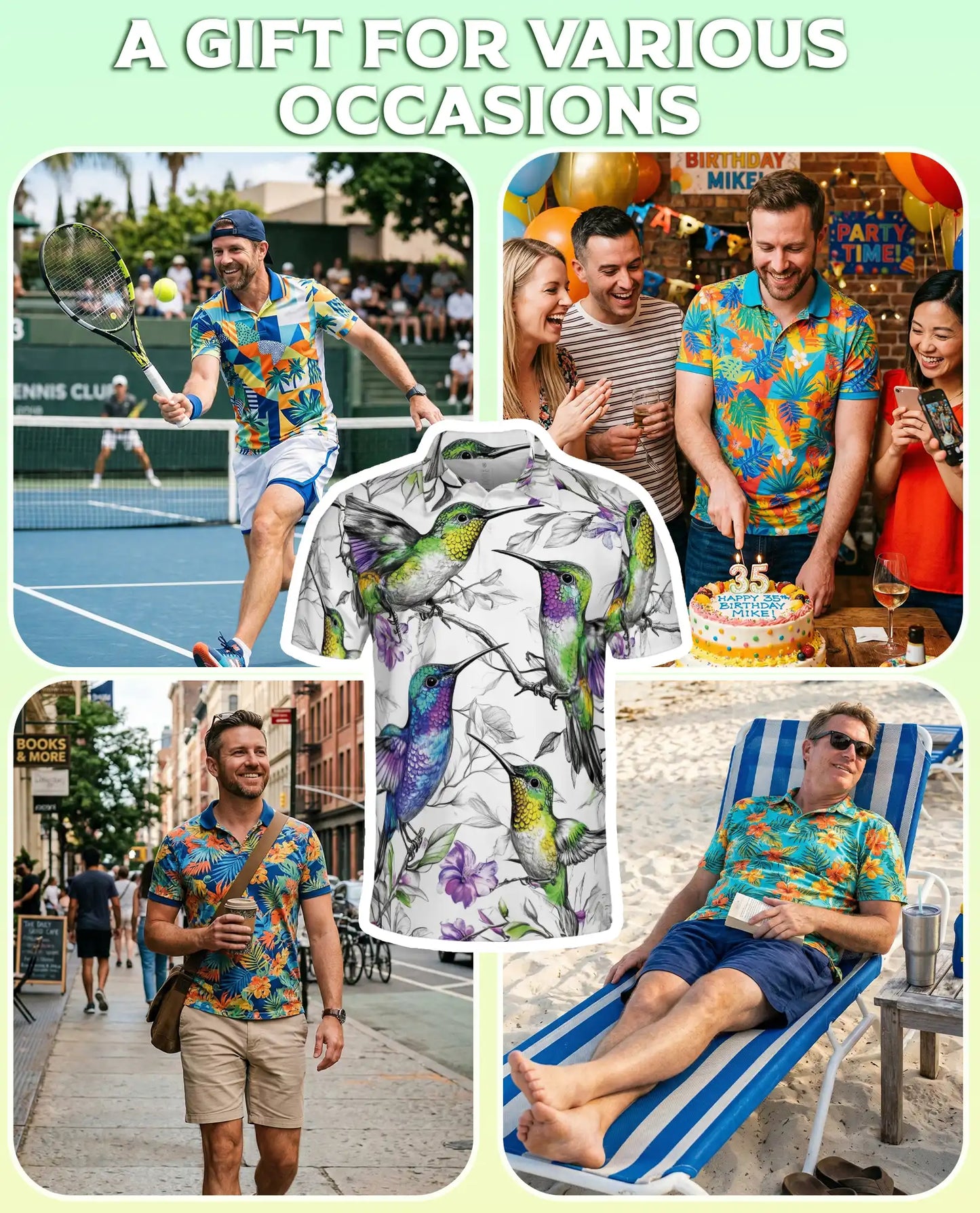 Colorful Hummingbird Floral 3D Polo Shirt for Men, Tropical Bird Nature Style | Azhawaiian