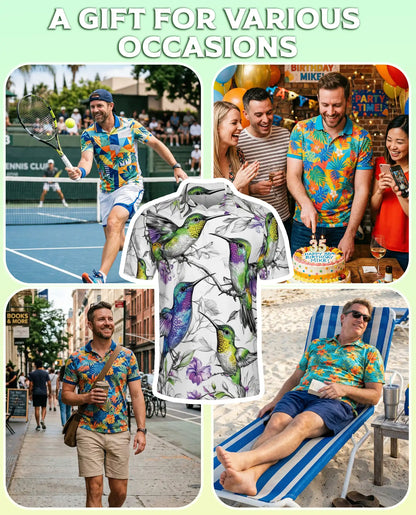 Colorful Hummingbird Floral 3D Polo Shirt for Men, Tropical Bird Nature Style | Azhawaiian