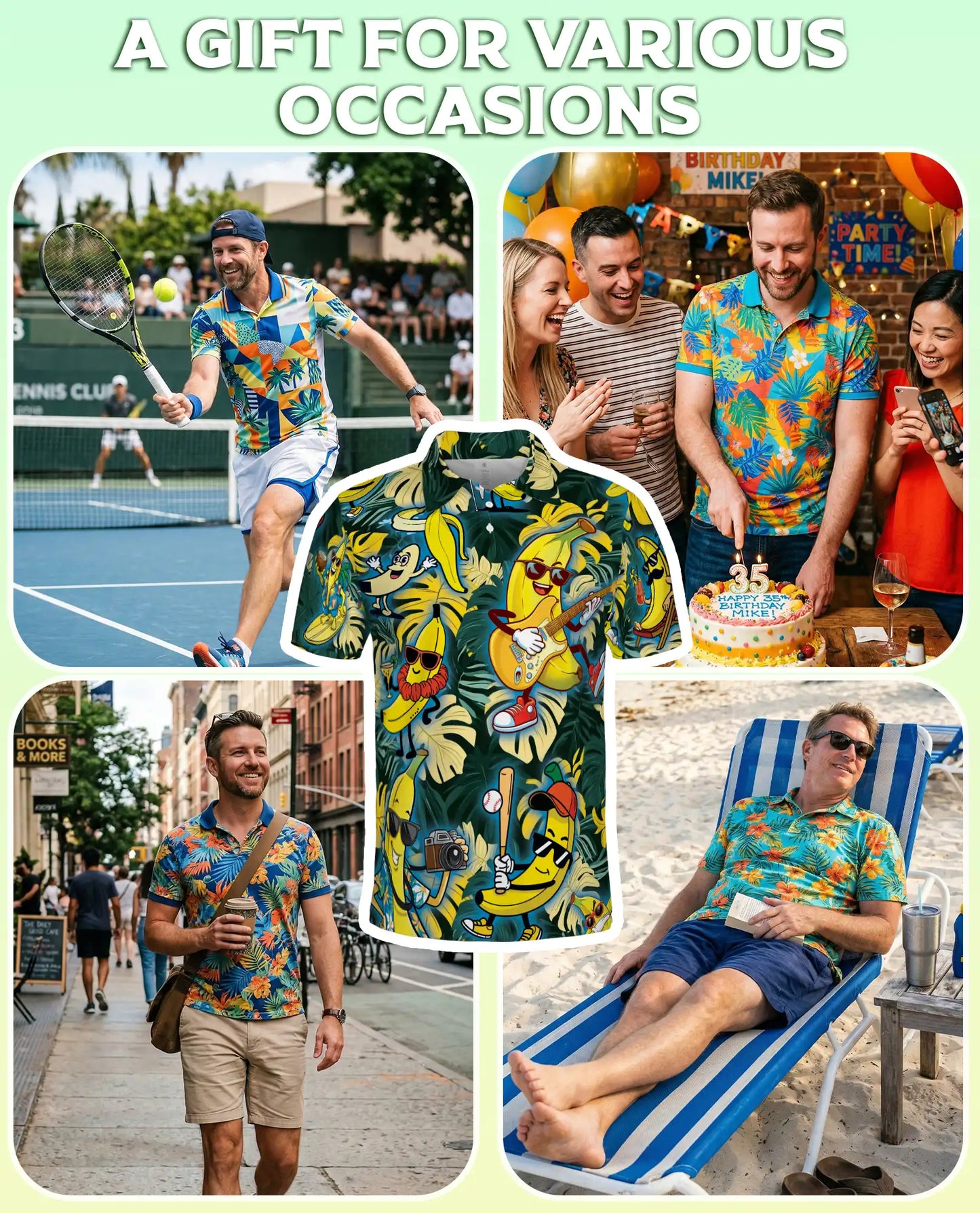 Tropical Banana Party-Polo Shirt Fun Cartoon Fruit Print | Azhawaiian