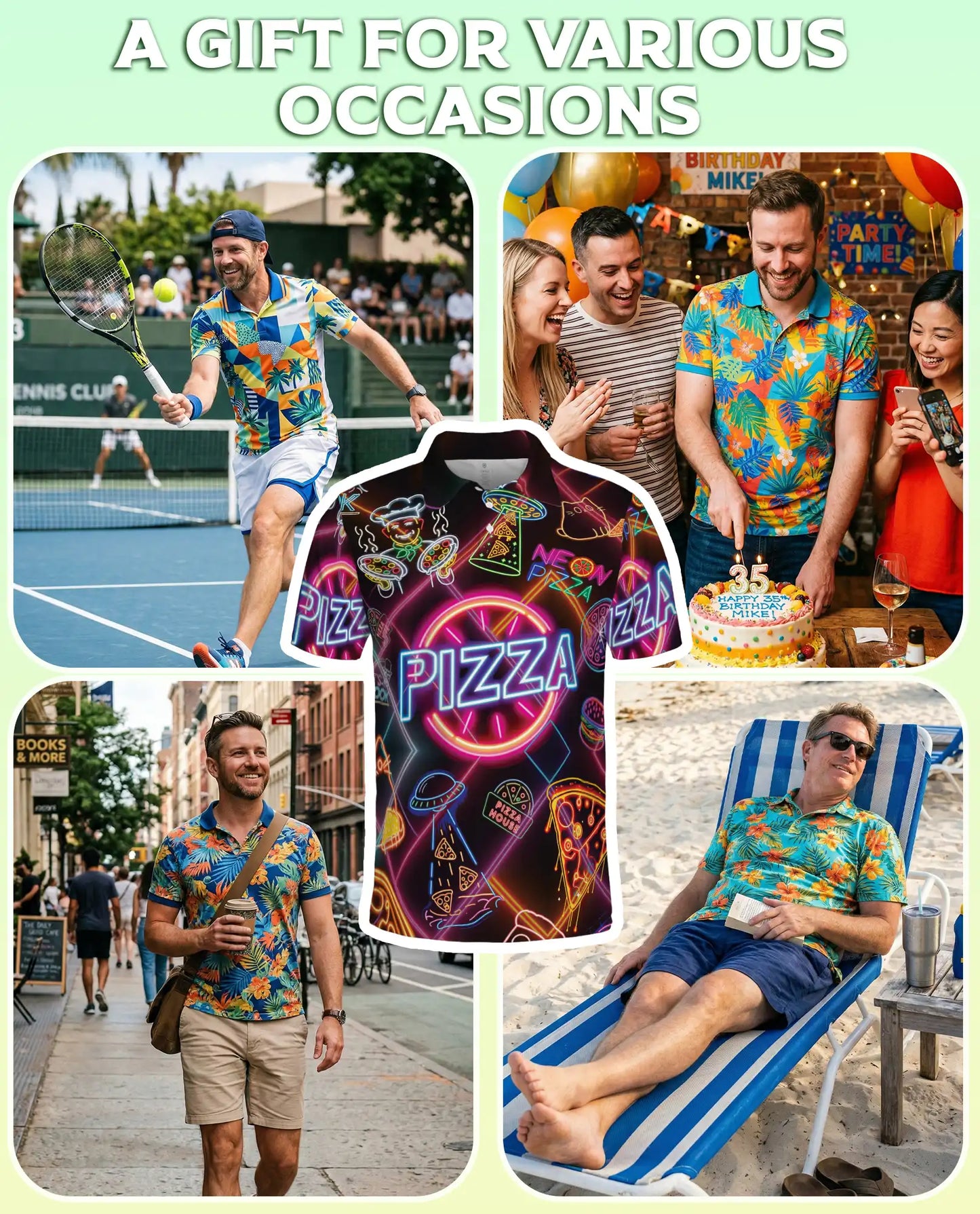 Neon Pizza Party 3D Polo Shirt for Men, Funny Retro Food Lover Style | Azhawaiian