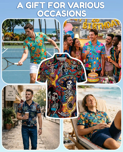 Dia de los Muertos Guitar Polo Shirt - Colorful Fiesta Style | Azhawaiian