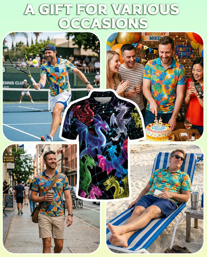 Neon Cyber Dragon 3D Polo Shirt for Men, Futuristic Fantasy Creature Style | Azhawaiian