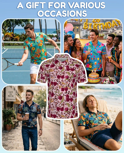 Cherry Leopard Polo Shirt for Men, Trendy Fruit Style | Azhawaiian