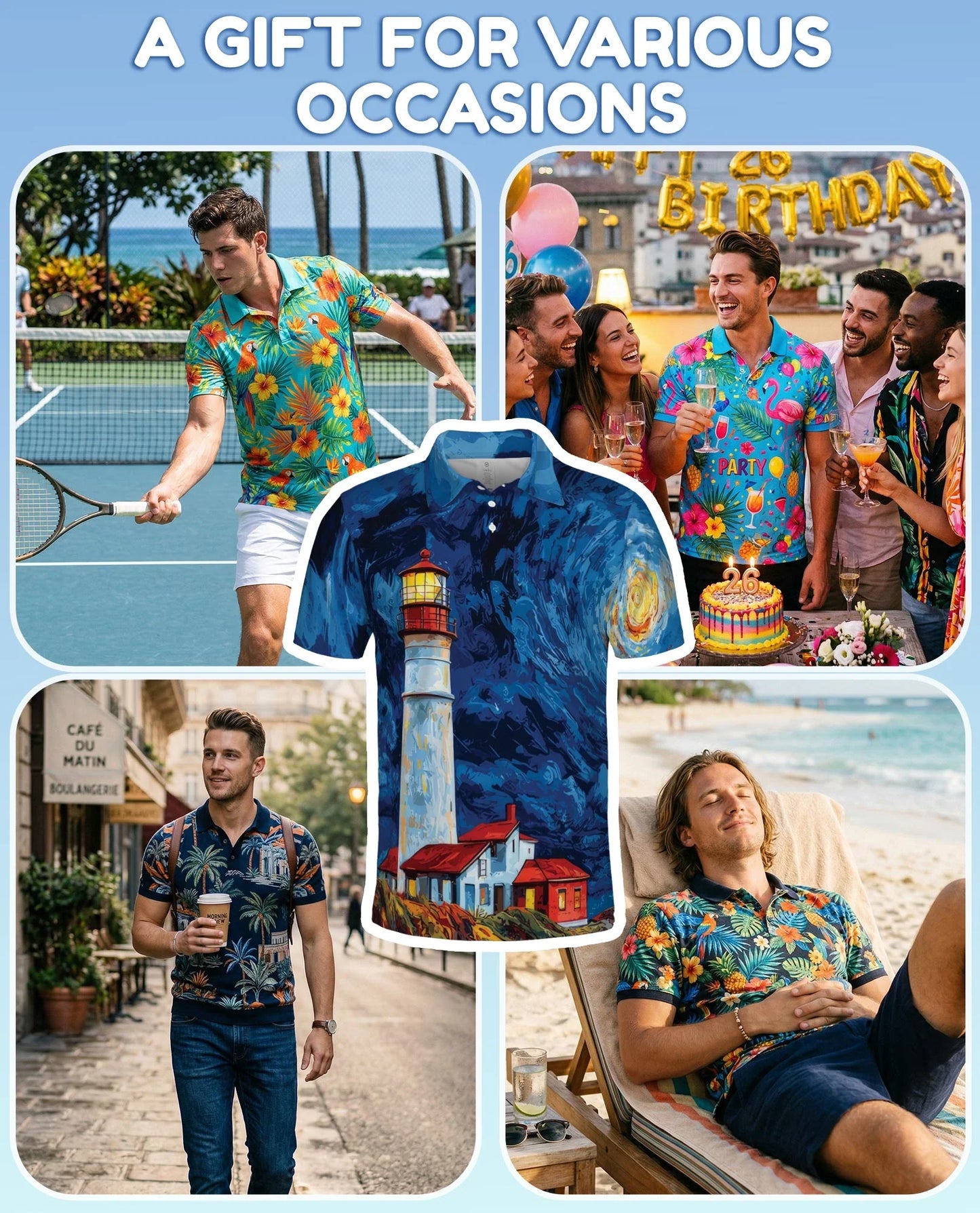 Lighthouse Starry Night Polo Shirt for Men, Coastal Art Style | Azhawaiian