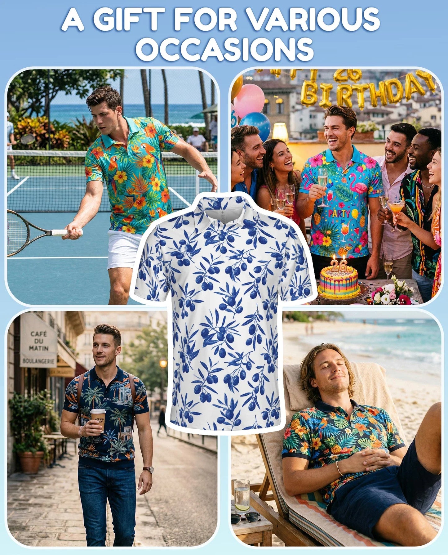 Blueberry Pattern Polo Shirt for Men, Fresh Fruit Summer Style | Azhawaiian
