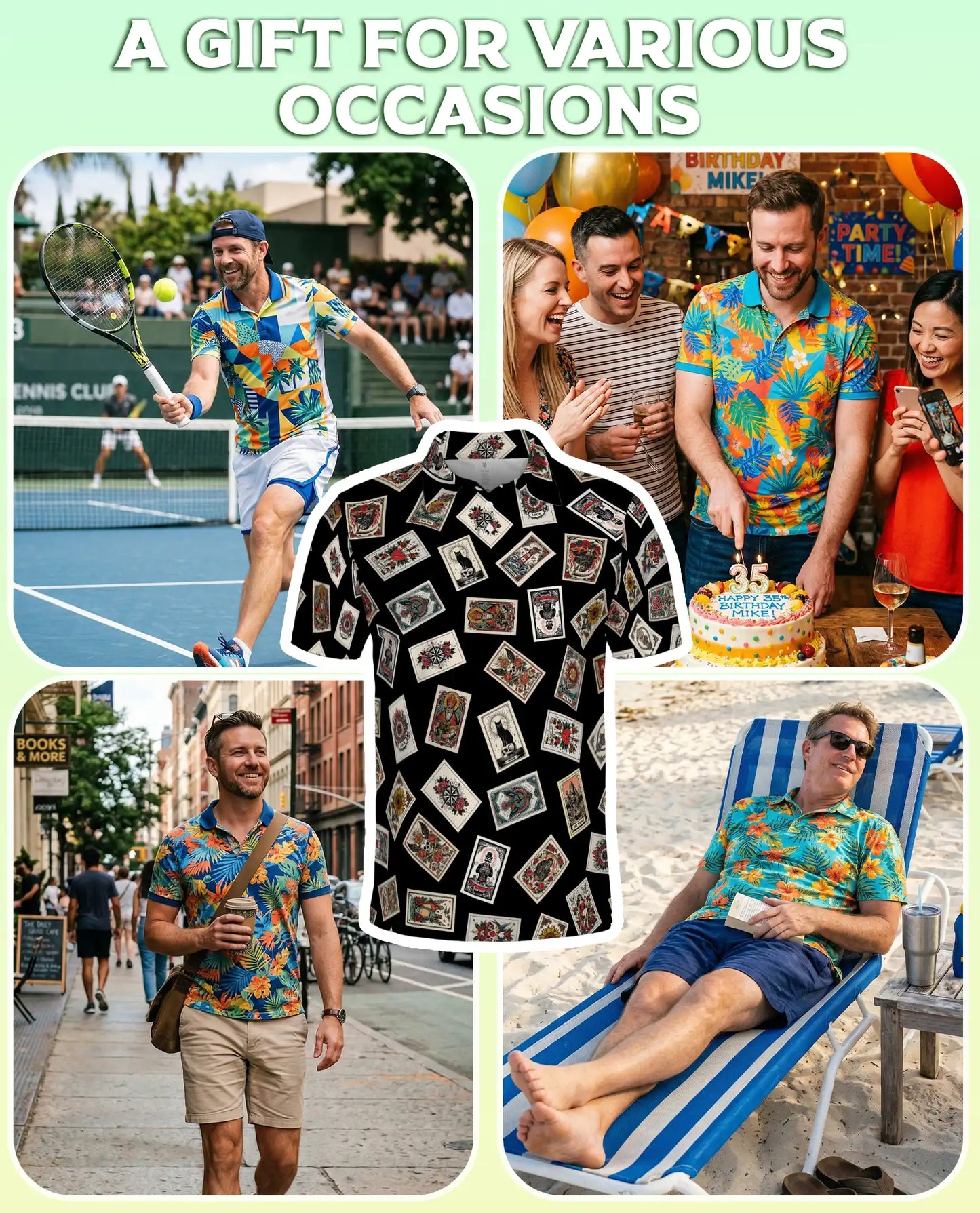Tarot Card Polo Shirt for Men, Mystical Fortune Design | Azhawaiian