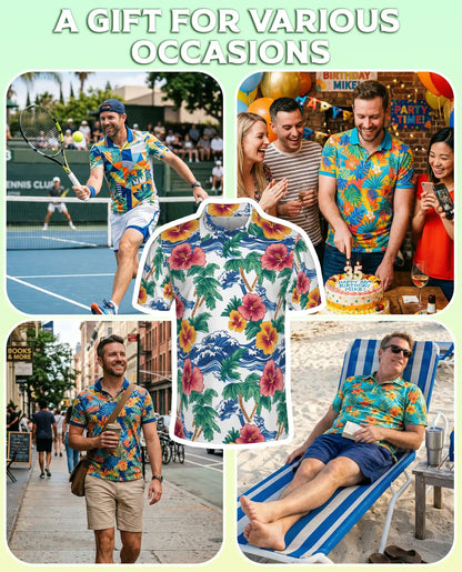 Hawaiian Polo Shirt, Palm Tree Wave Hibiscus Print | Azhawaiian