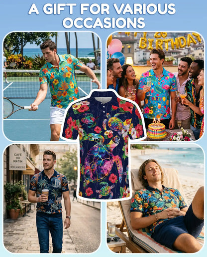 Colorful Sea Turtle Tropical Polo Shirt for Men, Ocean Reef Print | Azhawaiian