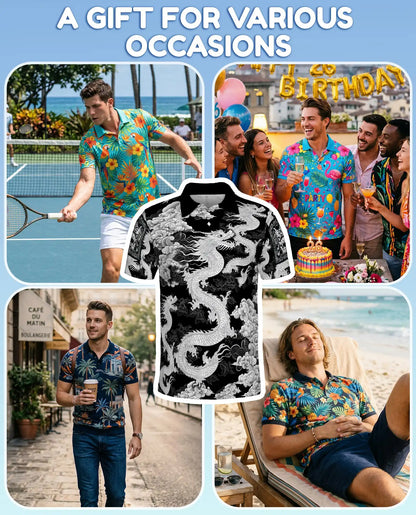 White Asian Dragon Polo Shirt for Men - Black Oriental Dragon Art | Azhawaiian