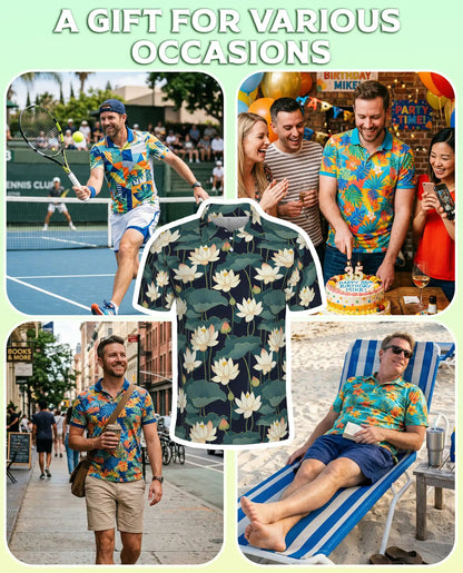 Lotus Flower Polo Shirt, Elegant Botanical Print | Azhawaiian