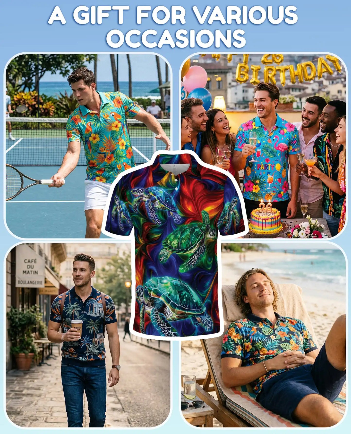 Vibrant Sea Turtle Polo Shirt for Men, Colorful Ocean Design | Azhawaiian