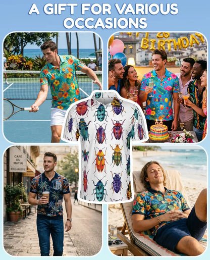 Colorful Beetle Polo Shirt for Men, Nature Insect Style | Azhawaiian