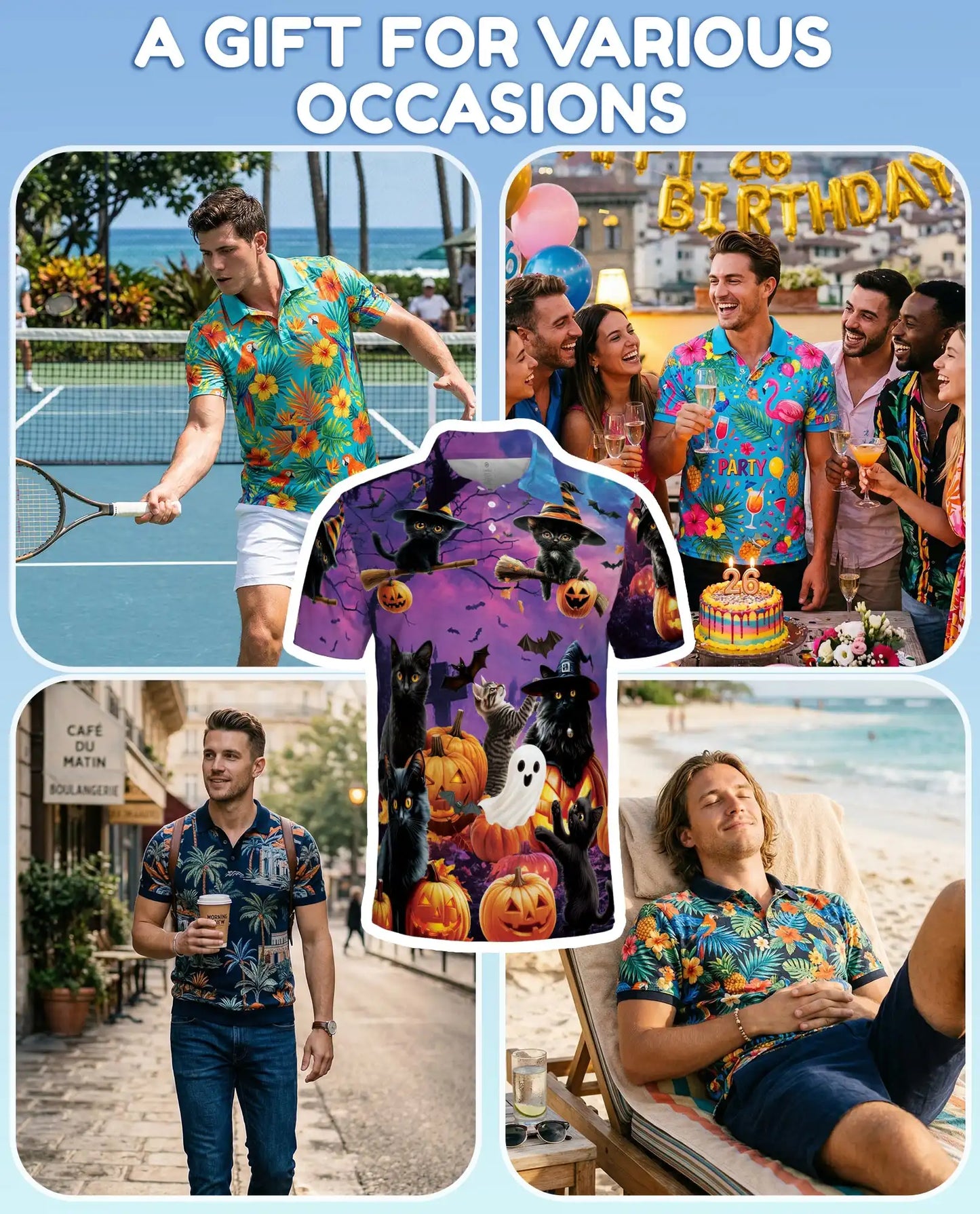 Halloween Black Cat Polo Shirt for Men, Spooky Cat Print | Azhawaiian
