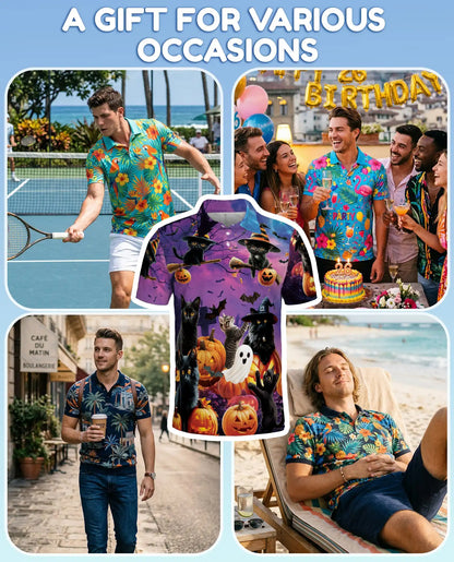 Halloween Black Cat Polo Shirt for Men, Spooky Cat Print | Azhawaiian