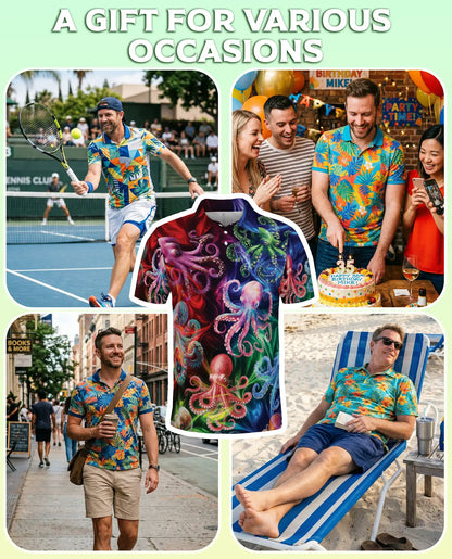 Colorful Octopus 3D Polo Shirt for Men, Tropical Ocean Style | Azhawaiian